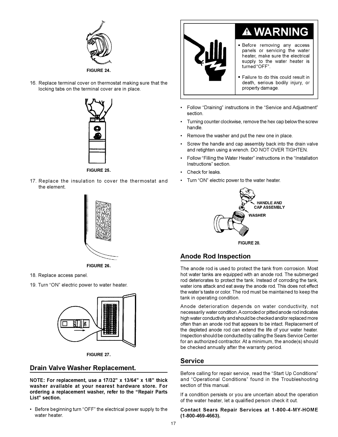 Kenmore 153.31604 owner manual Drain Valve Washer Replacement, Anode Rod Inspection, Service 