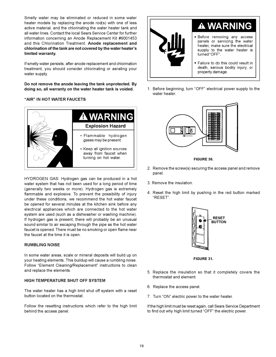 Kenmore 153.31604 owner manual AIR in HOT Water Faucets, Rumbling Noise, High Temperature Shut OFF System 