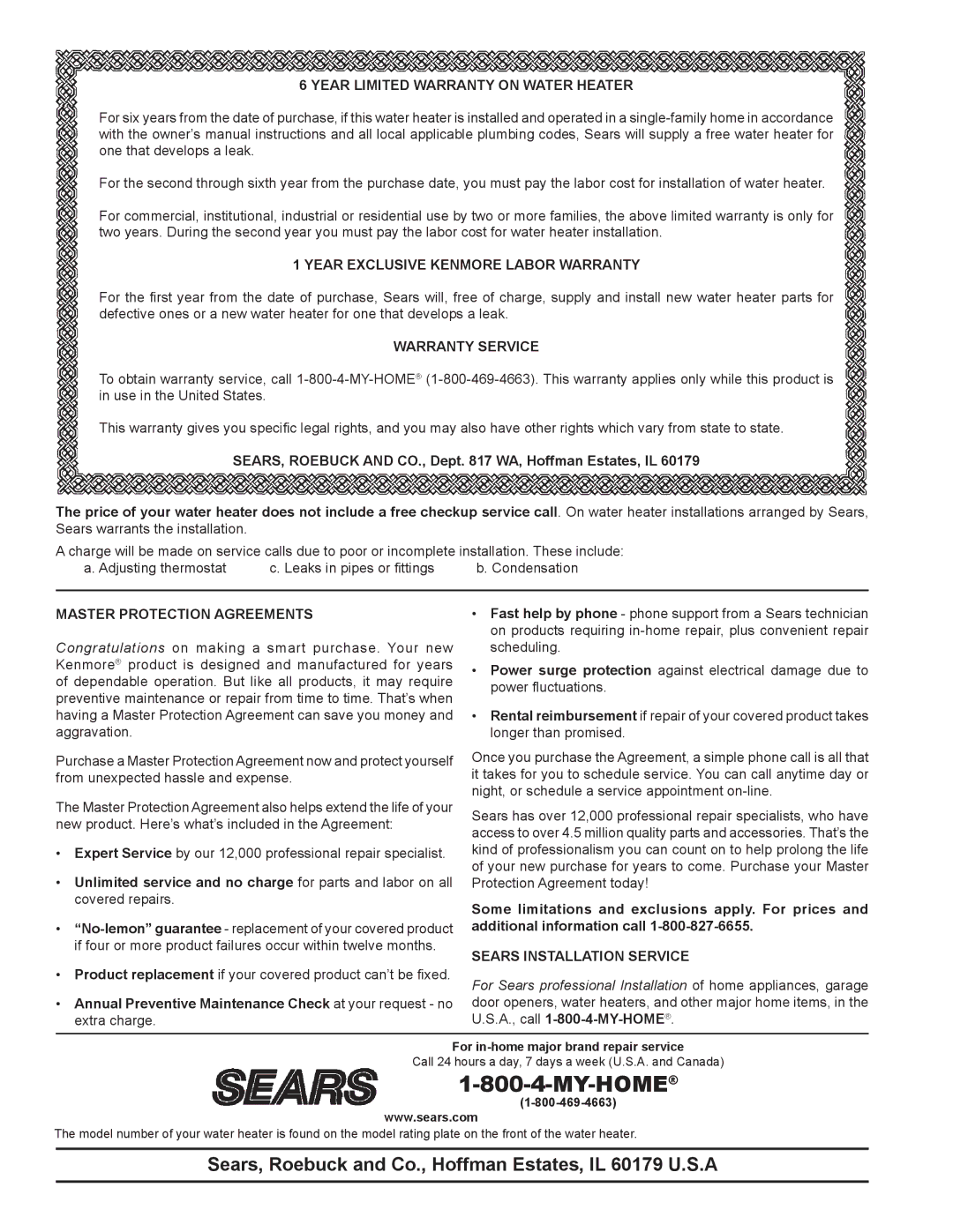 Kenmore 153.31604 Year Limited Warranty on Water Heater, Year Exclusive Kenmore Labor Warranty, Warranty Service 