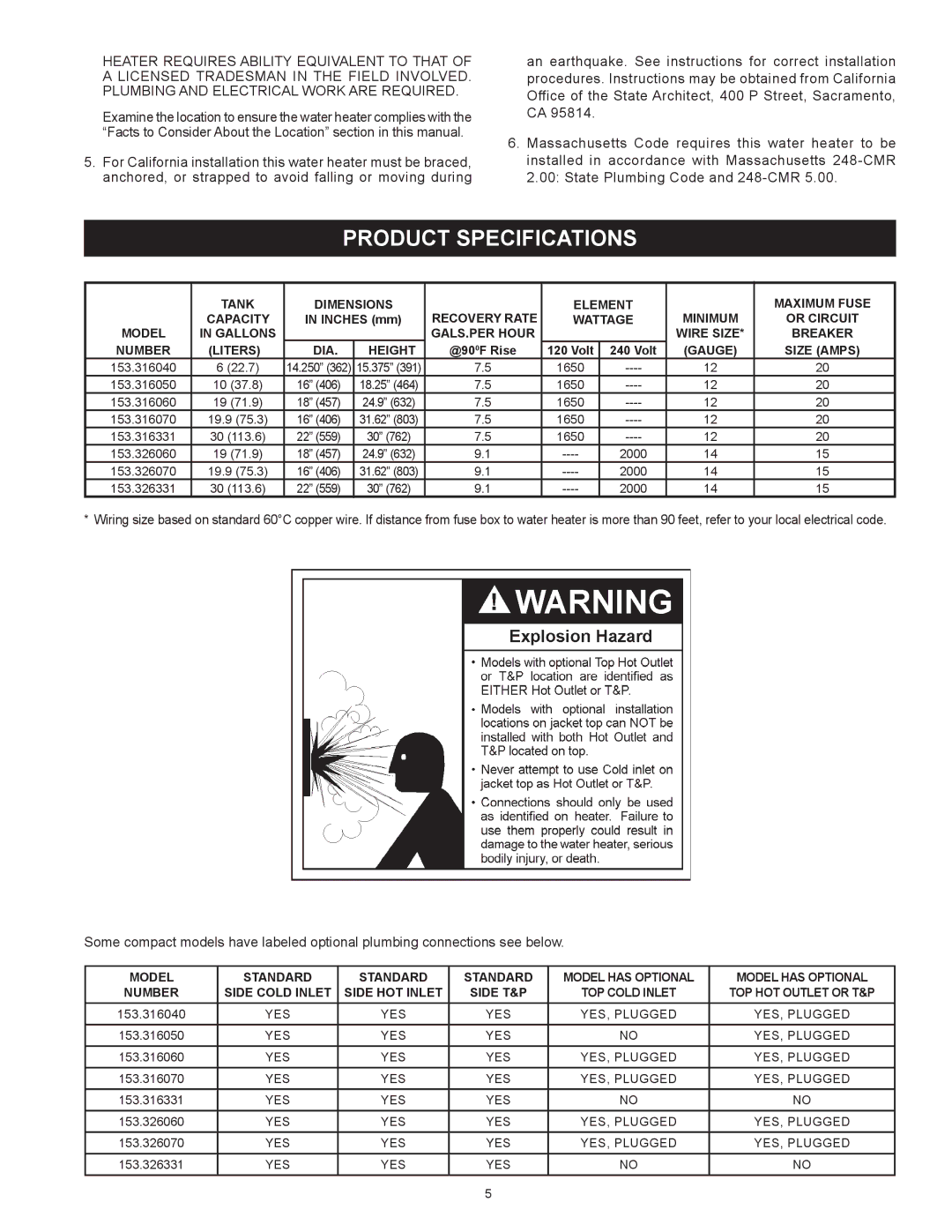 Kenmore 153.31604 owner manual Product Specifications, Gauge Size Amps 