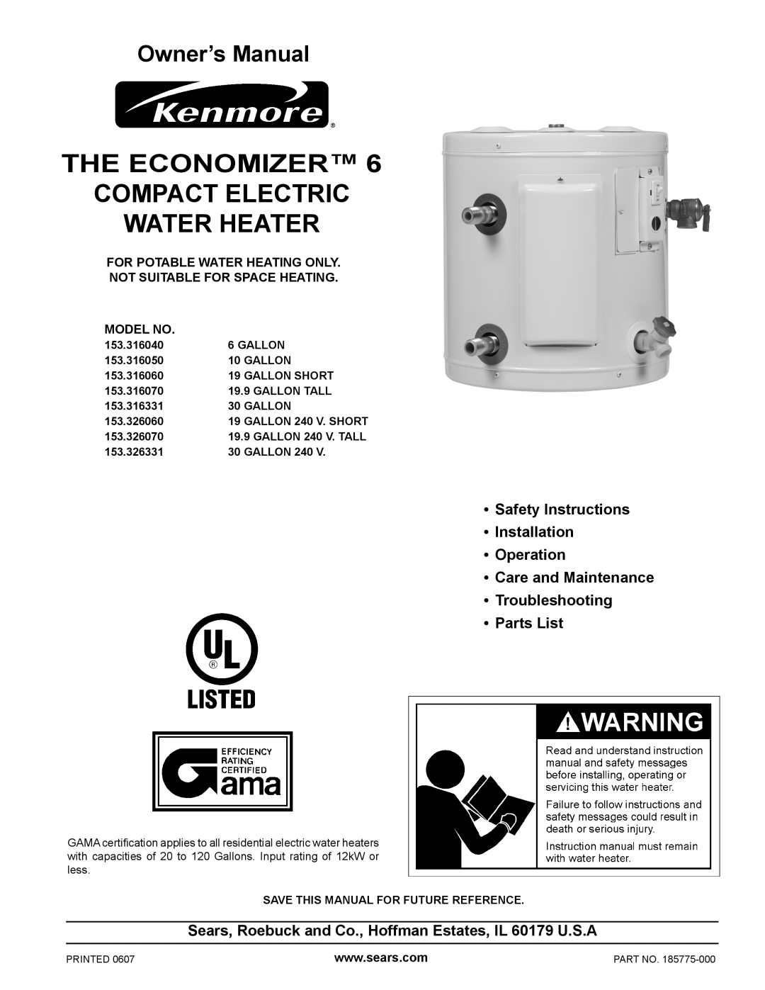 Kenmore 153.31604 owner manual • Safety Instructions • Installation • Operation, Care and Maintenance Troubleshooting 