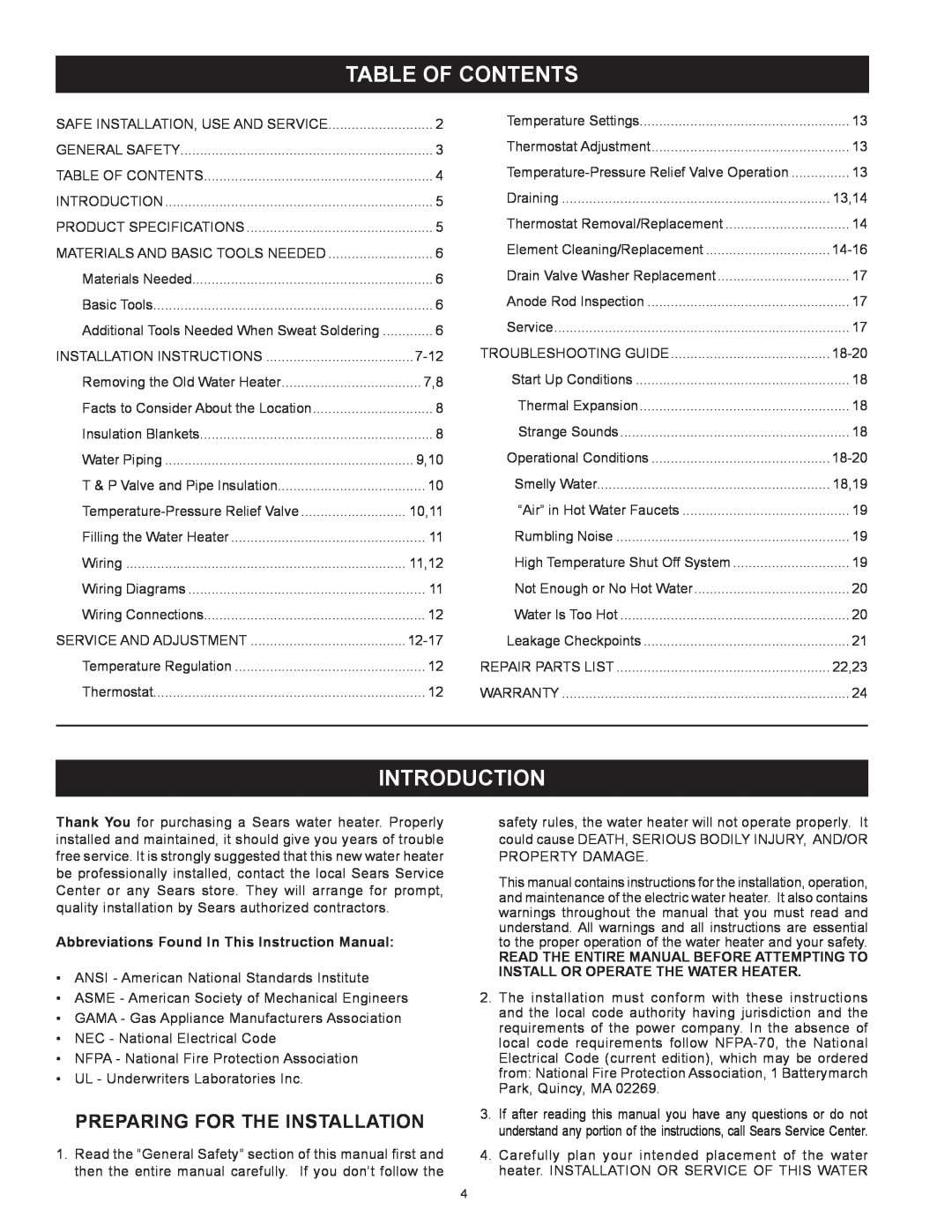 Kenmore 153.31604 owner manual Table Of Contents, Introduction, Preparing for the Installation 