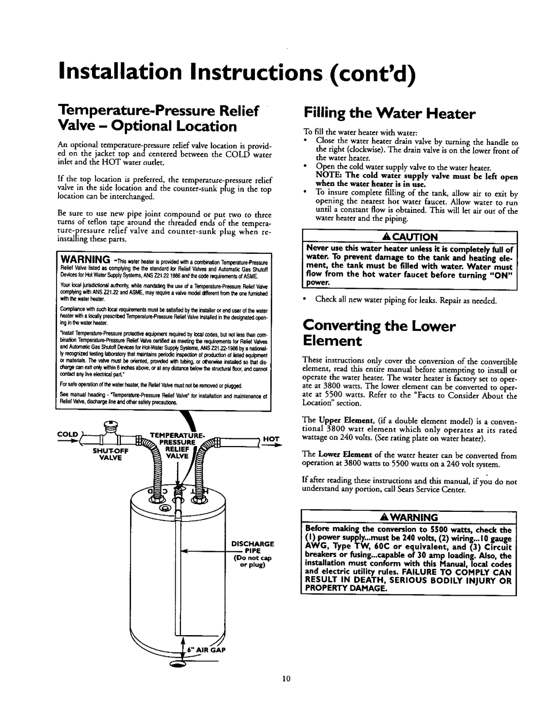 Kenmore 153.31614, 153.31624, 153.327240HT Temperature-Pressure Relief Valve Optional Location, Filling the Water Heater 