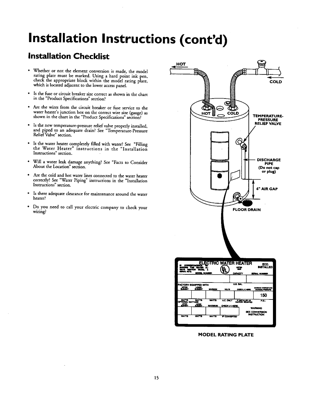 Kenmore 153.31206, 153.31624, 153.327240HT, 153.31614 owner manual Installation Instructions contd, Cold, Model Rating Plate 