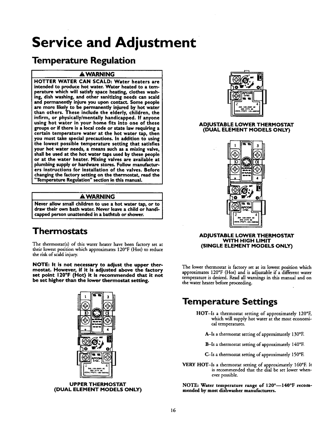 Kenmore 153.31624, 153.327240HT Service and Adjustment, Temperature Regulation, Thermostats, Temperature Settings 