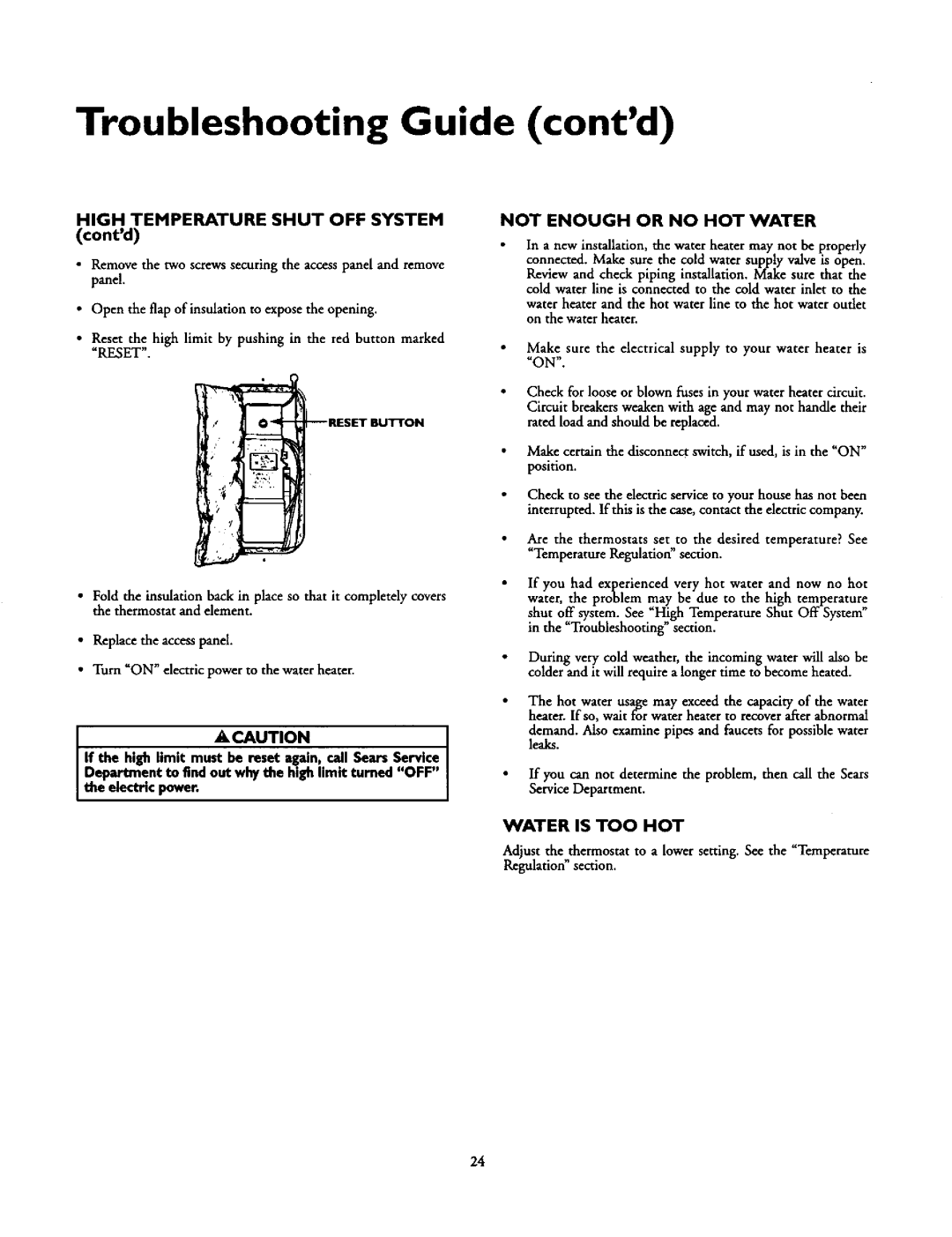 Kenmore 153.31624, 153.327240HT, 153.31614 Troubleshooting Guide contd, Not Enough or no HOT Water, Water is TOO HOT 