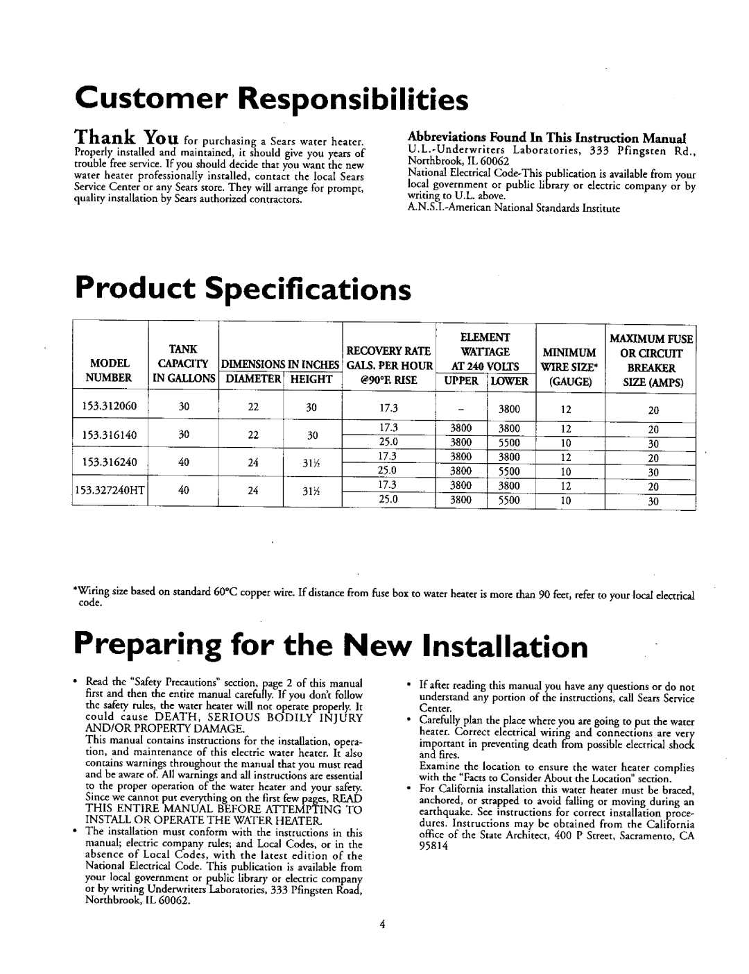 Kenmore 153.31624, 153.327240HT Customer Responsibilities, Product Specifications, Preparing for the New Installation 