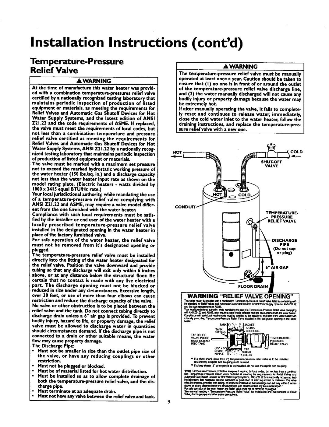 Kenmore 153.327240HT, 153.31624, 153.31614, 153.31206 Installation Instructions, Contd, Temperature-Pressure Relief Valve 