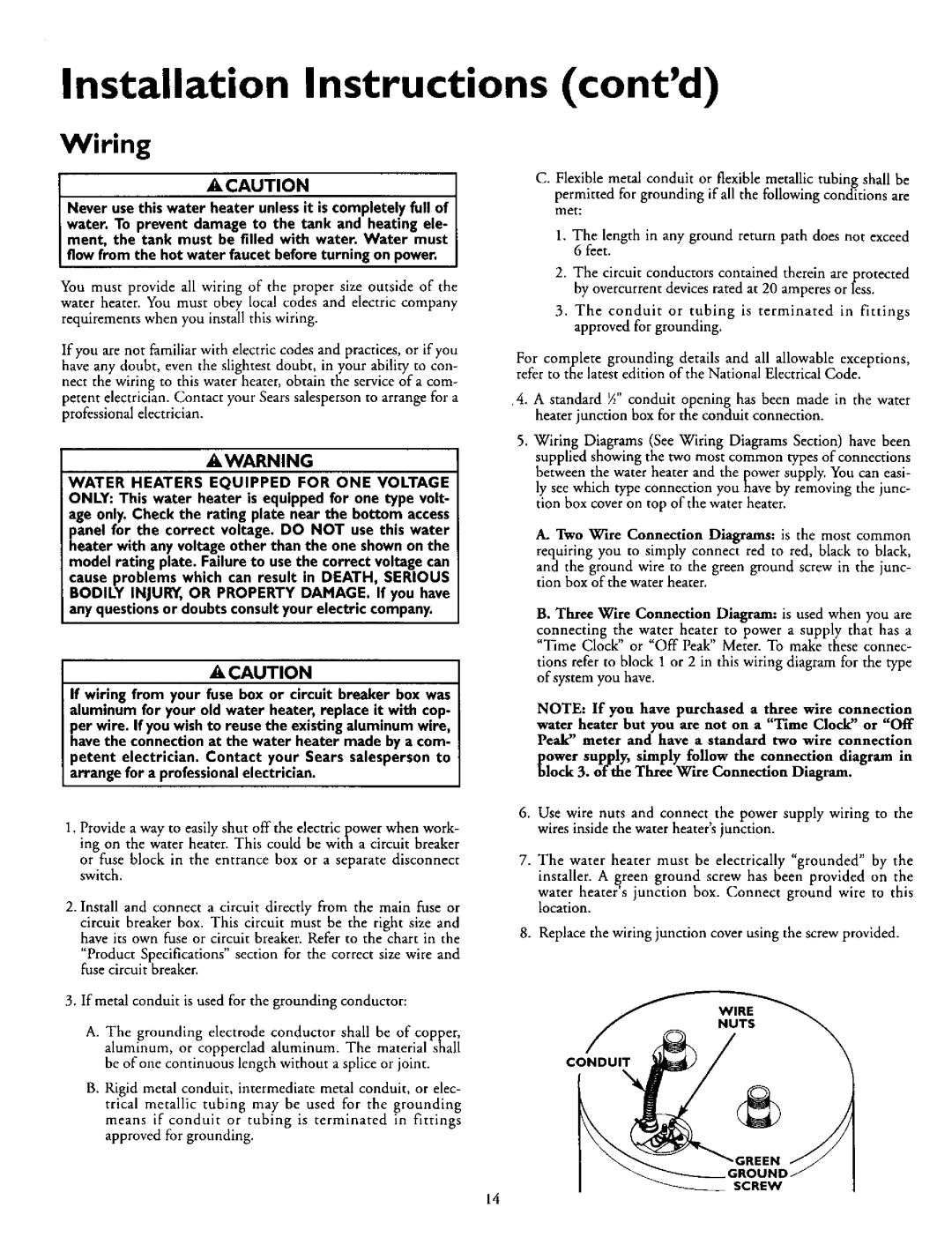 Kenmore 153.316554, 153.316555, 153.316455, 153.316754, 153.316355, 153.316654 Installation Instructions contd, Wiring 