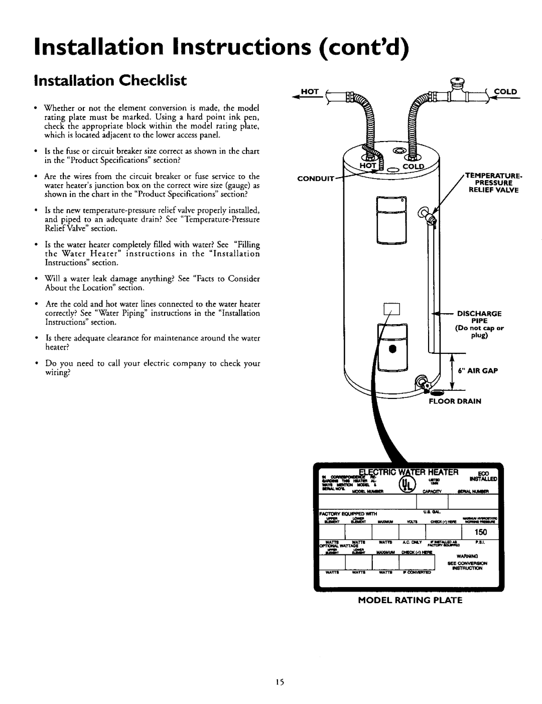 Kenmore 153.316555, 153.316554, 153.316455, 153.316754, 153.316355, 153.316654 Installation Checklist, Model Rating Plate 