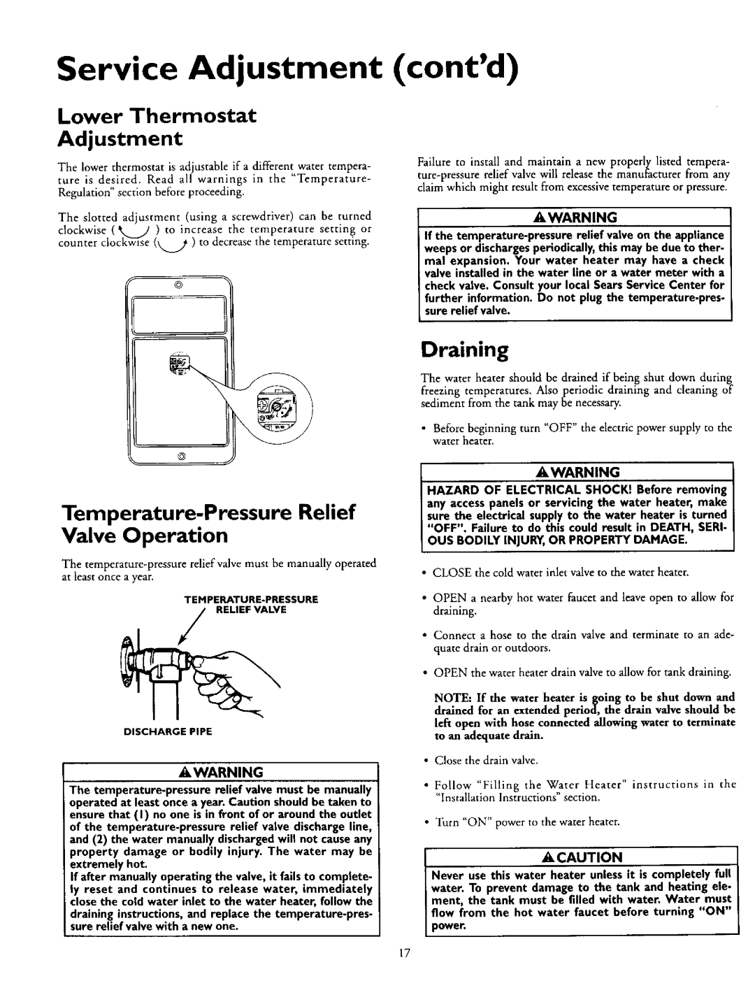 Kenmore 153.316754, 153.316554 Service Adjustment, Lower Thermostat Adjustment, Temperature-Pressure Relief, Draining 