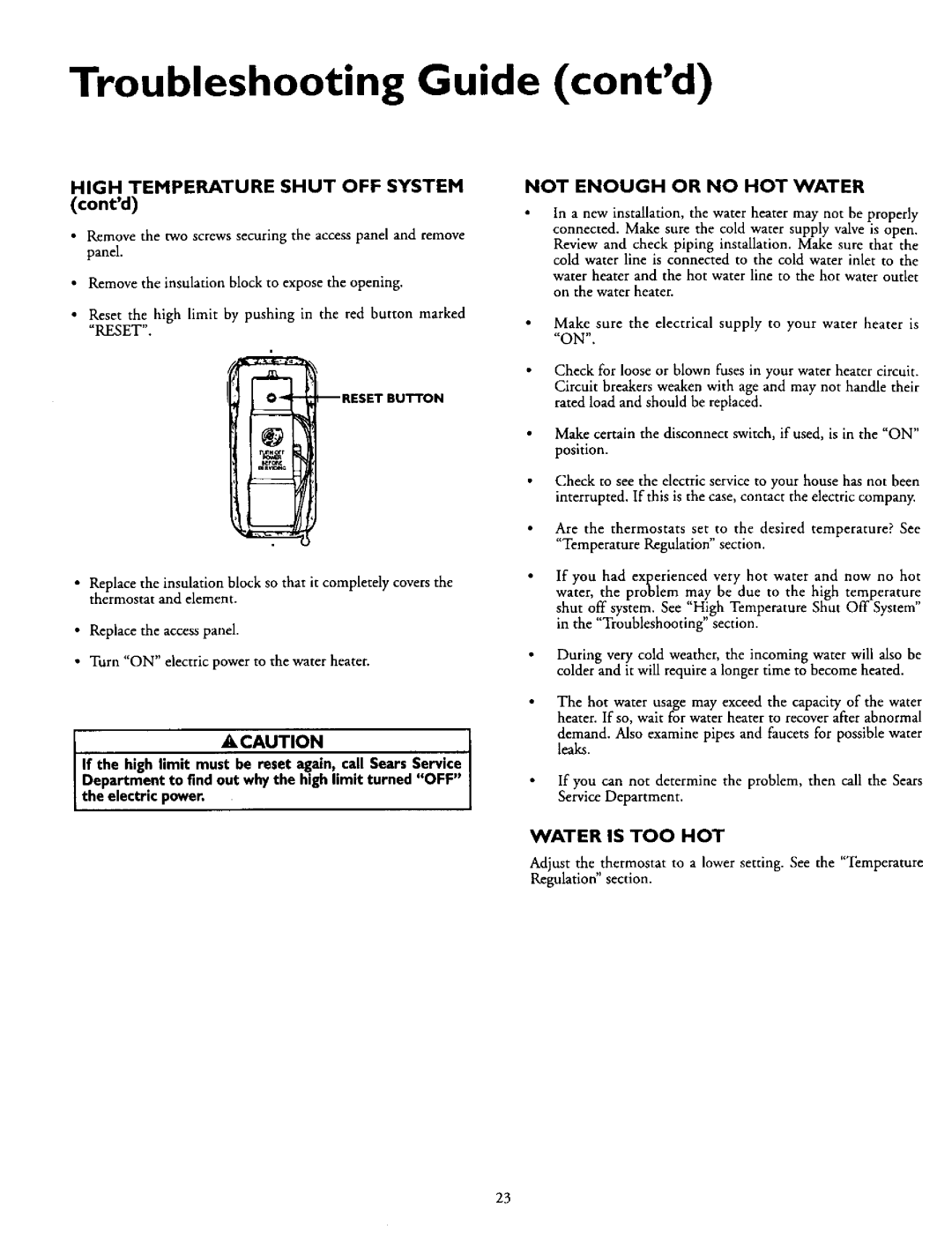 Kenmore 153.316354, 153.316554 Troubleshooting Guide contd, High Temperature Shut OFF System Not Enough Or no HOT Water 