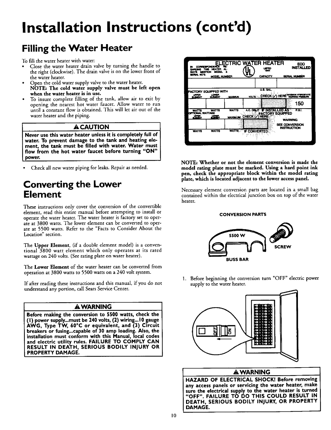 Kenmore 153.316253 Installation Instructions contd, Filling the Water Heater, Converting the Lower Element, Awarning 