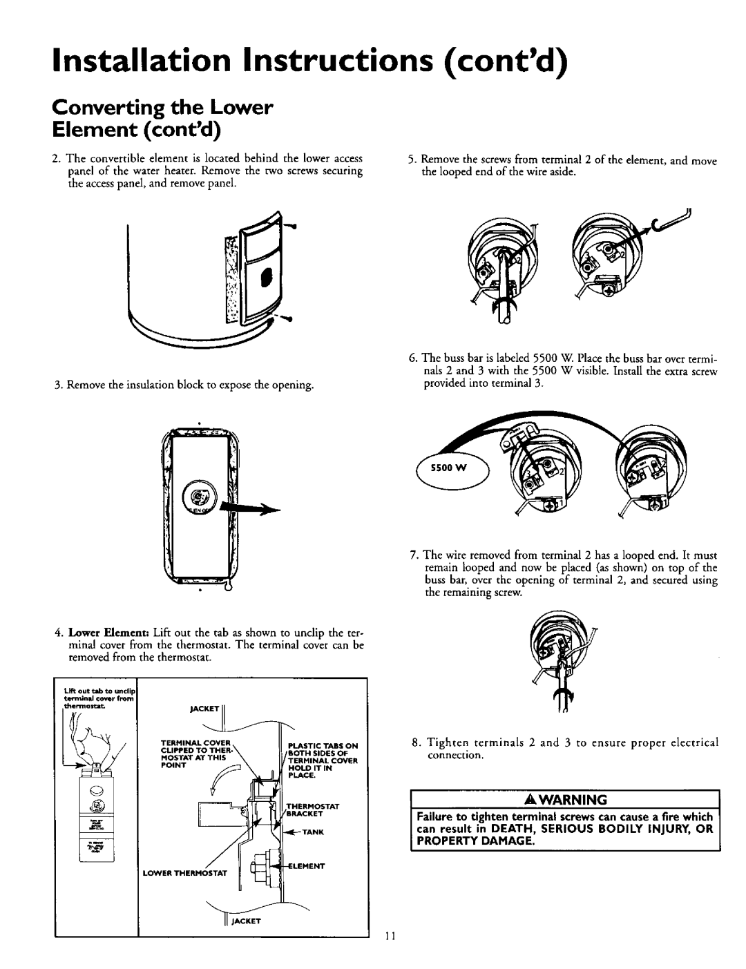 Kenmore 153.316252, 153.316554, 153.316555 Installation Instructions contd, Converting the Lower Element contd, Awarning 