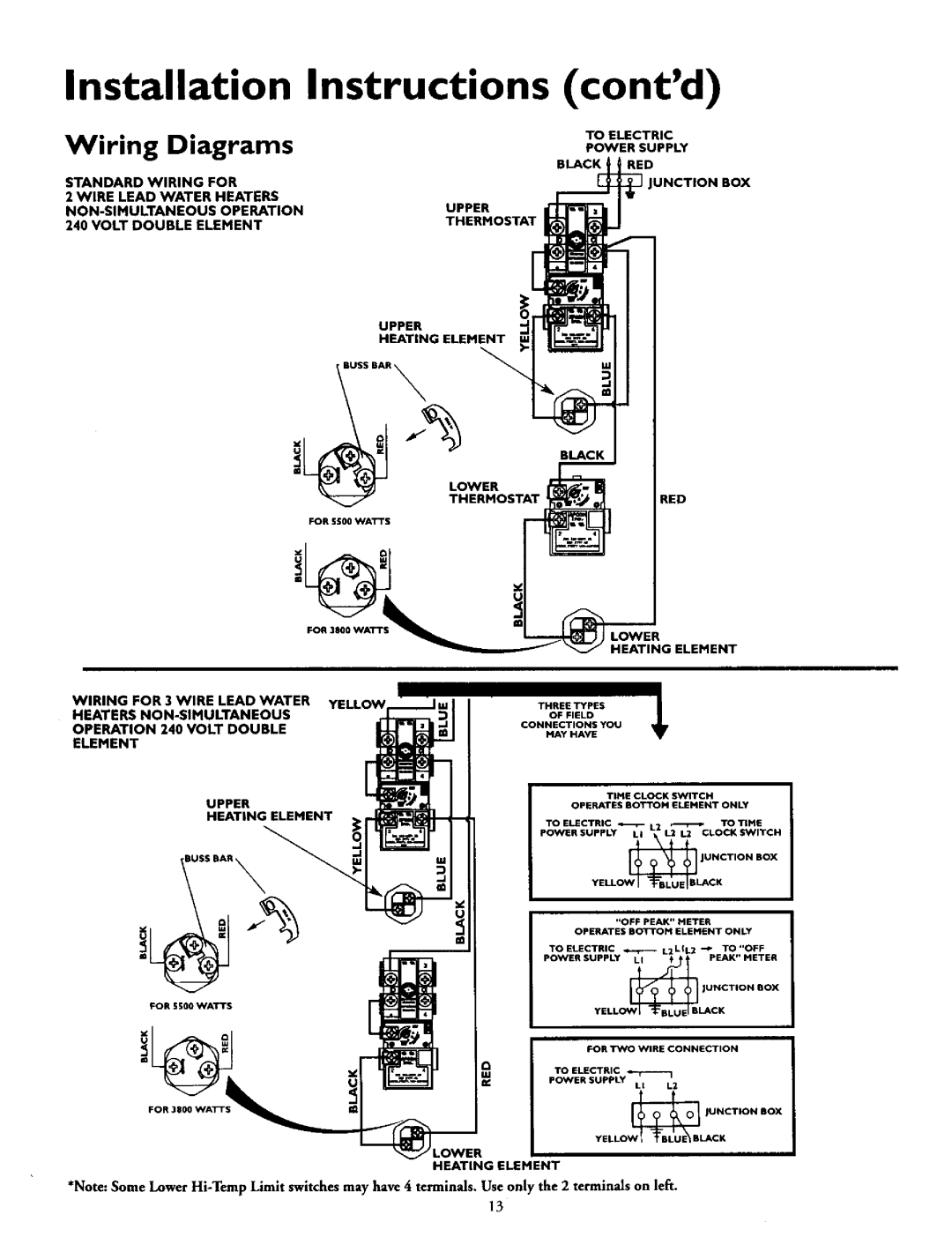 Kenmore 153.316152 Installation Instructions contd, Wiring Diagrams, Standard Wiring For, Volt Double Element, Junction 