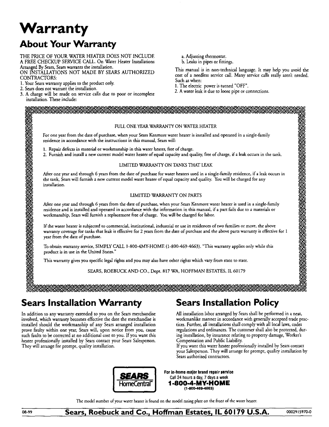 Kenmore 153.316355, 153.316554, 153.316555 About Your Warranty, Sears Installation Warranty, Sears Installation Policy 