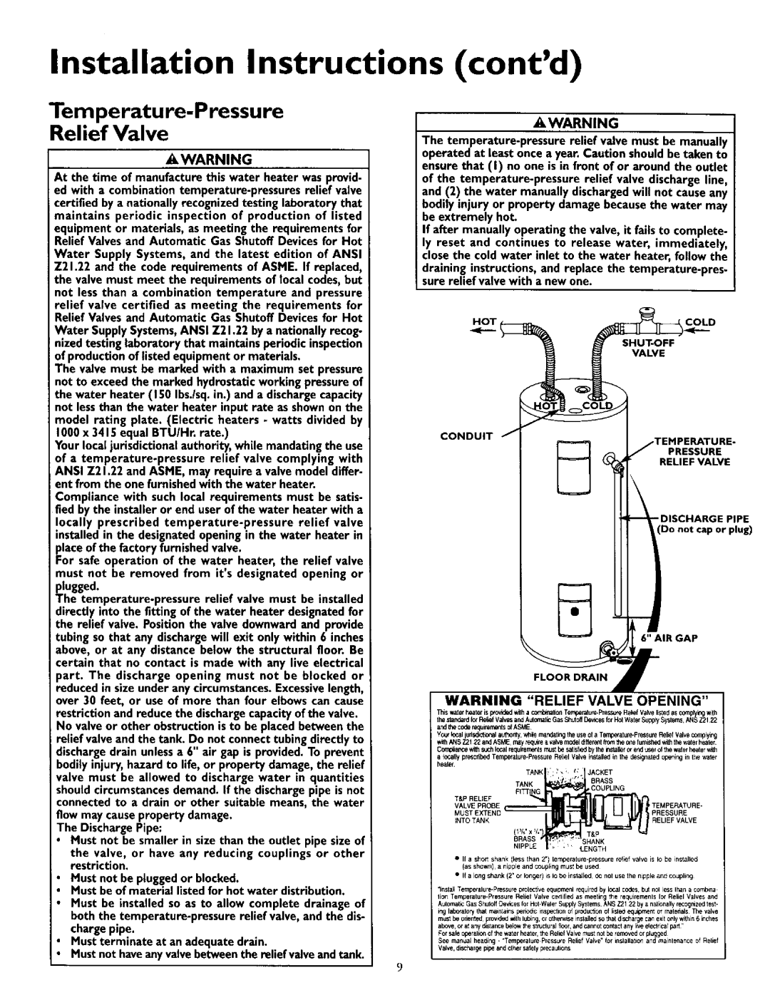 Kenmore 153.316354, 153.316554 contd, Installation Instructions, Temperature-Pressure Relief Valve, be extremely hot 