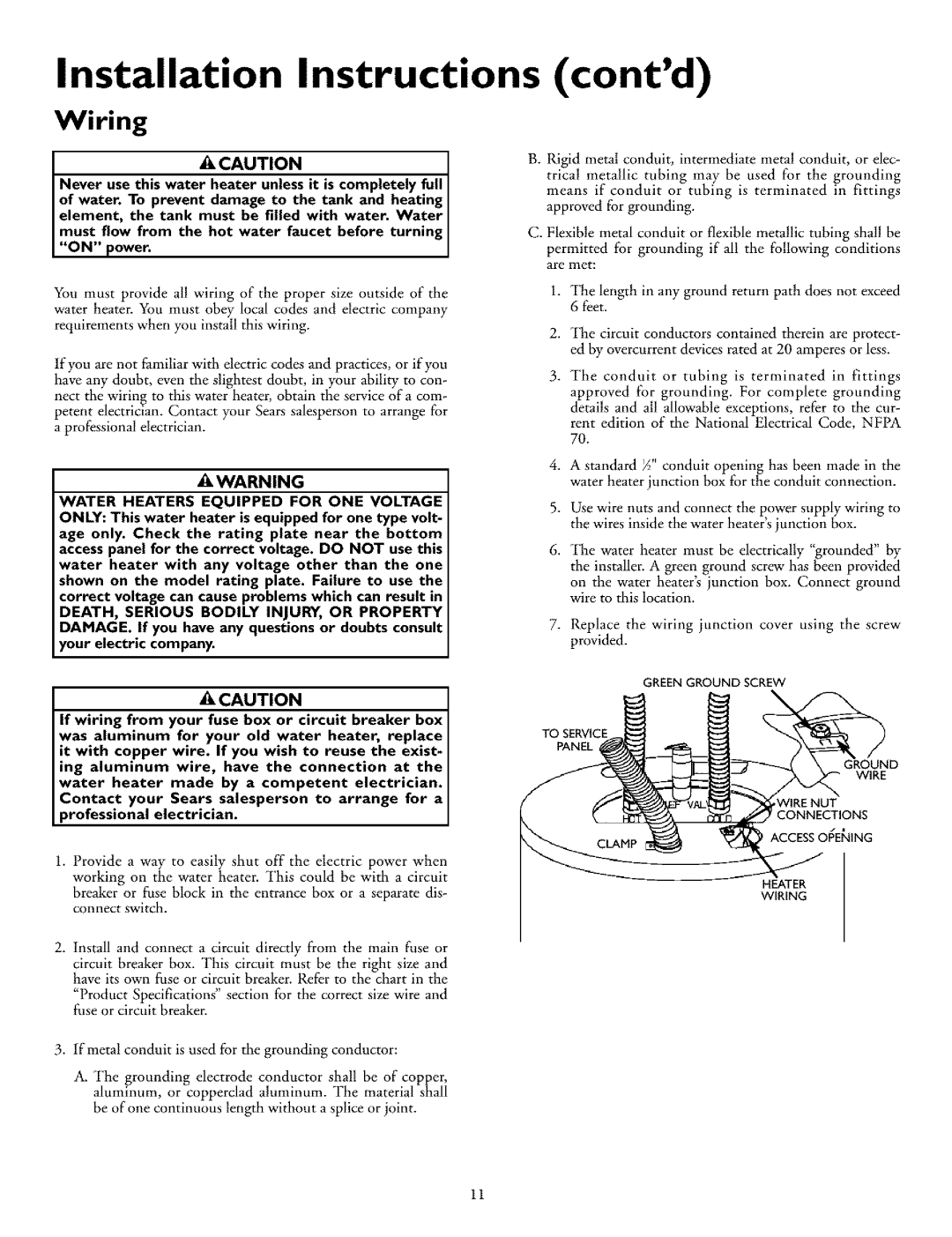 Kenmore 153.31702 owner manual Installation Instructions, Contd, Wiring, Water Heaters Equipped for ONE Voltage 