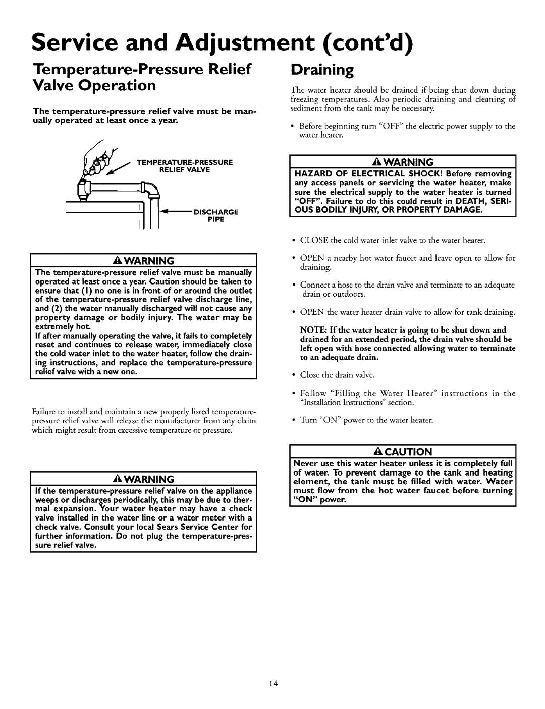 Kenmore 153.31702 owner manual Service and Adjustment contd, Temperature-Pressure Relief, Draining 