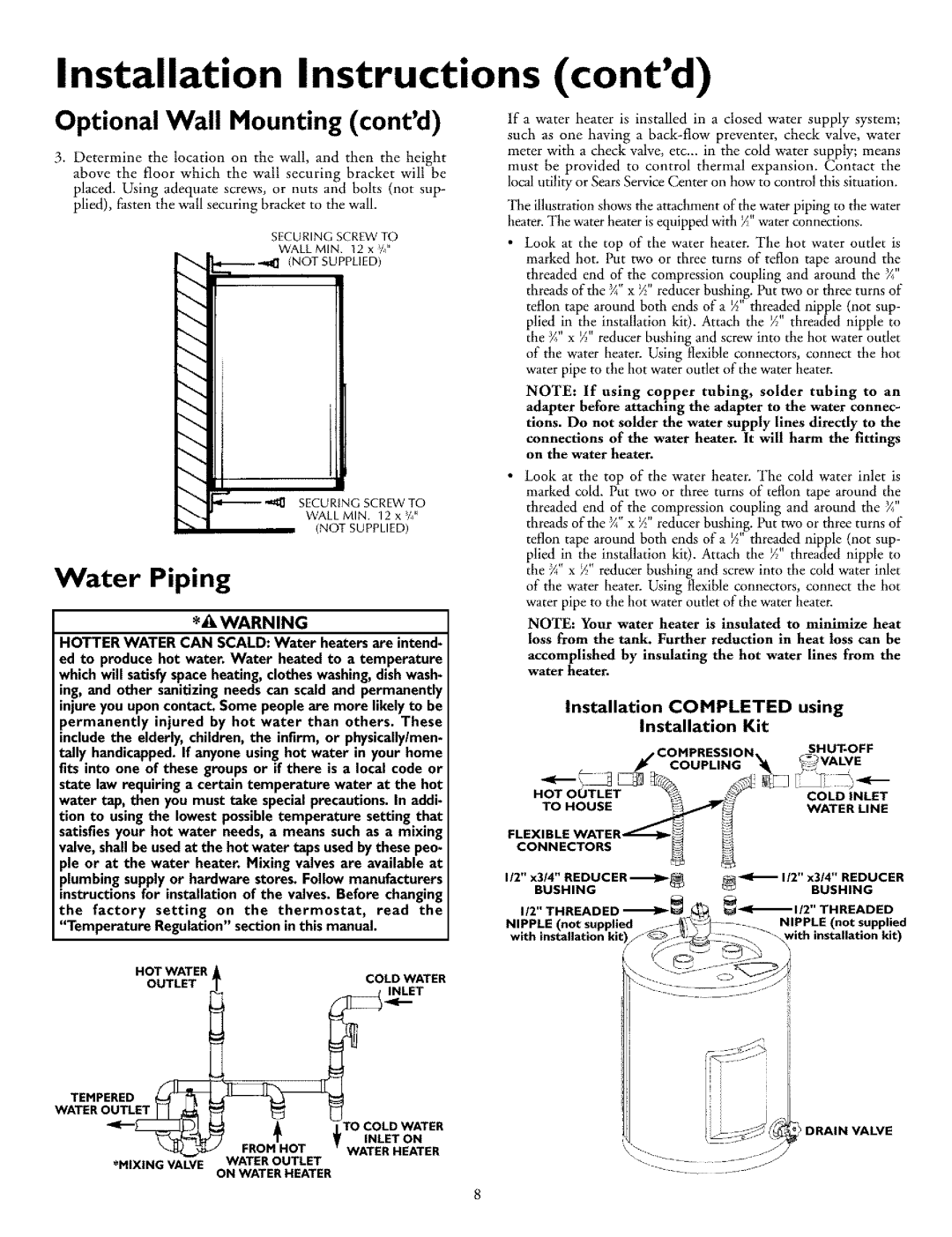 Kenmore 153.31702 owner manual Optional Wall Mounting contd, Water Piping, Installation Completed using Installation Kit 