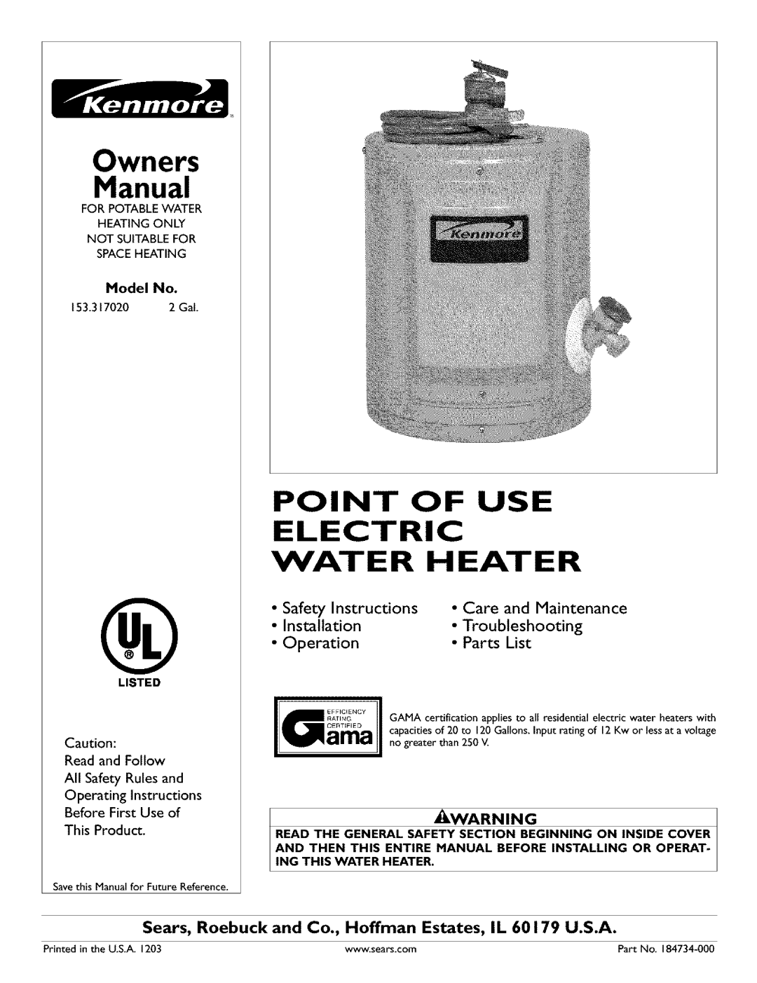 Kenmore 153.31702 owner manual Electric Water Heater, Installation, Point Of Use 
