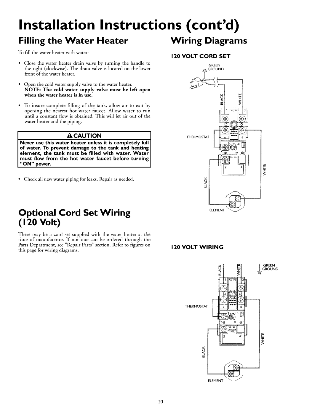Kenmore 153.31702 120Volt, Filling the Water Heater, Wiring Diagrams, Optional Cord Set Wiring, Volt Cord Set, Volt Wiring 