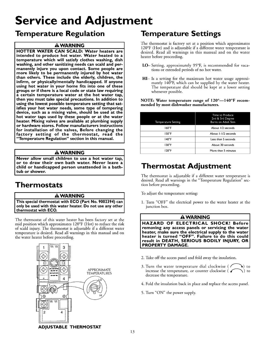 Kenmore 153.31702 Service and Adjustment, Temperature Regulation, Thermostats, Temperature Settings, Thermostat Adjustment 