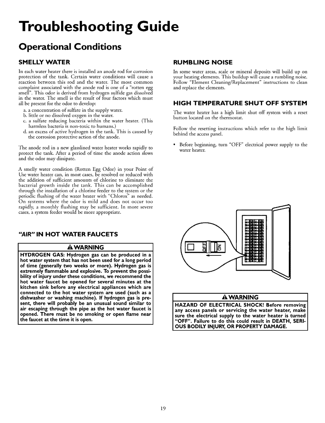 Kenmore 153.31702 Troubleshooting Guide, Operational Conditions, Smelly Water, Rumbling Noise, Air In Hot Water Faucets 