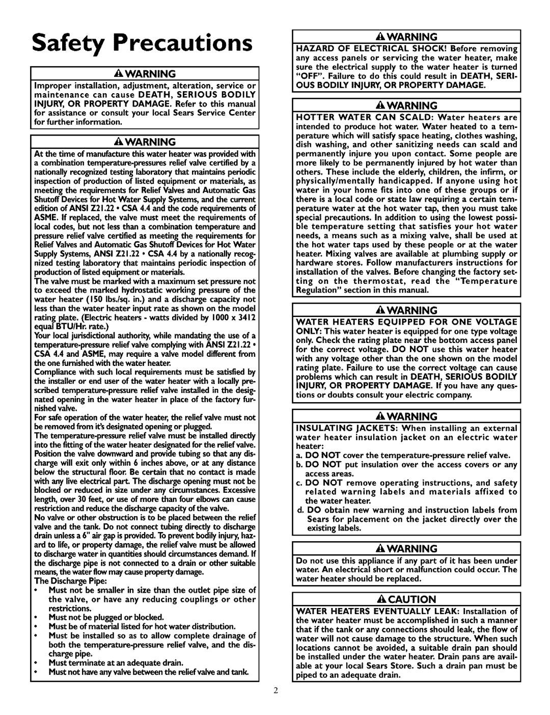 Kenmore 153.31702 Safety Precautions, A Caution, Awarningj, for further information AWARNING, The DischargePipe 