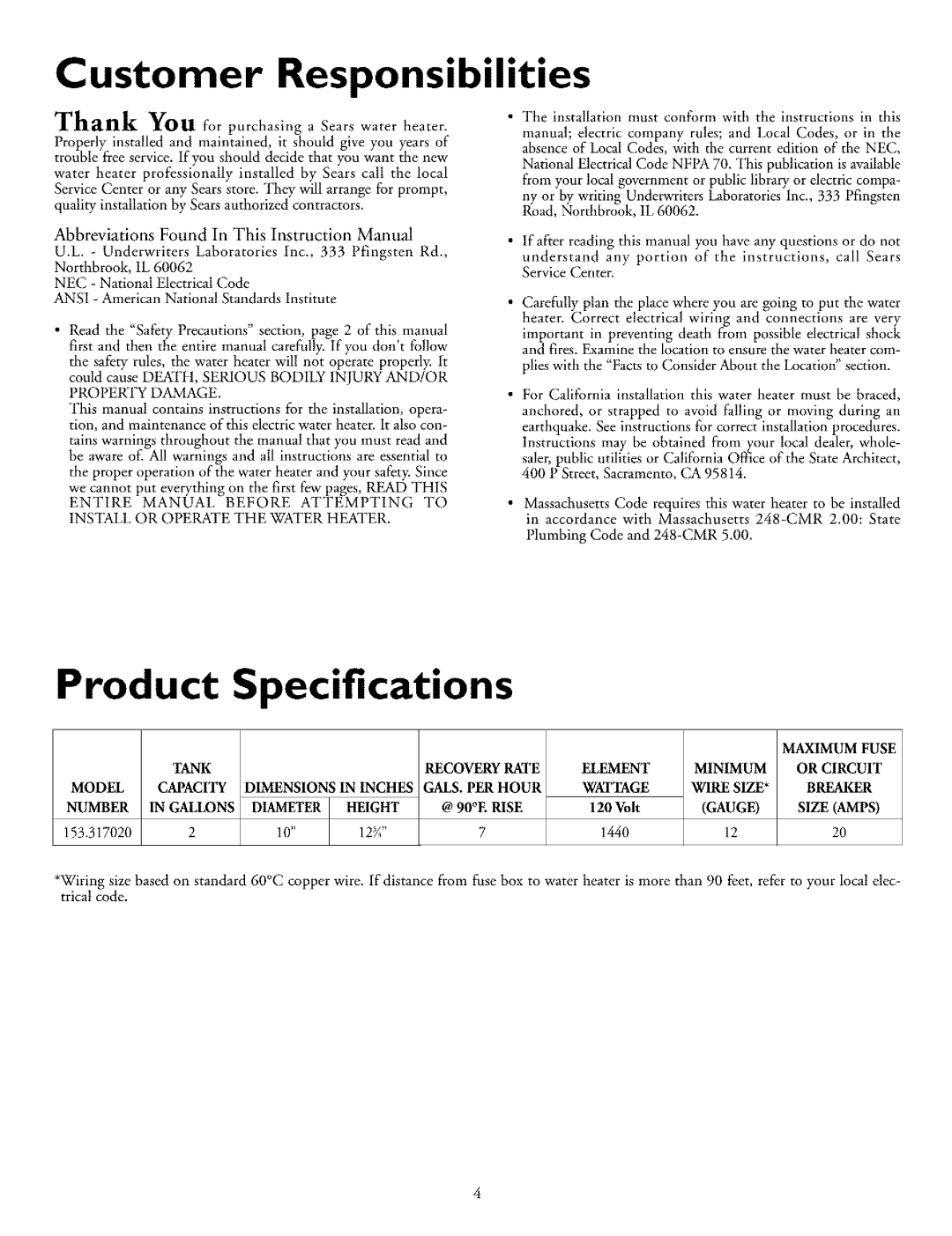 Kenmore 153.31702 owner manual Product, Specifications, Customer Responsibilities, Model, Breaker, Number 