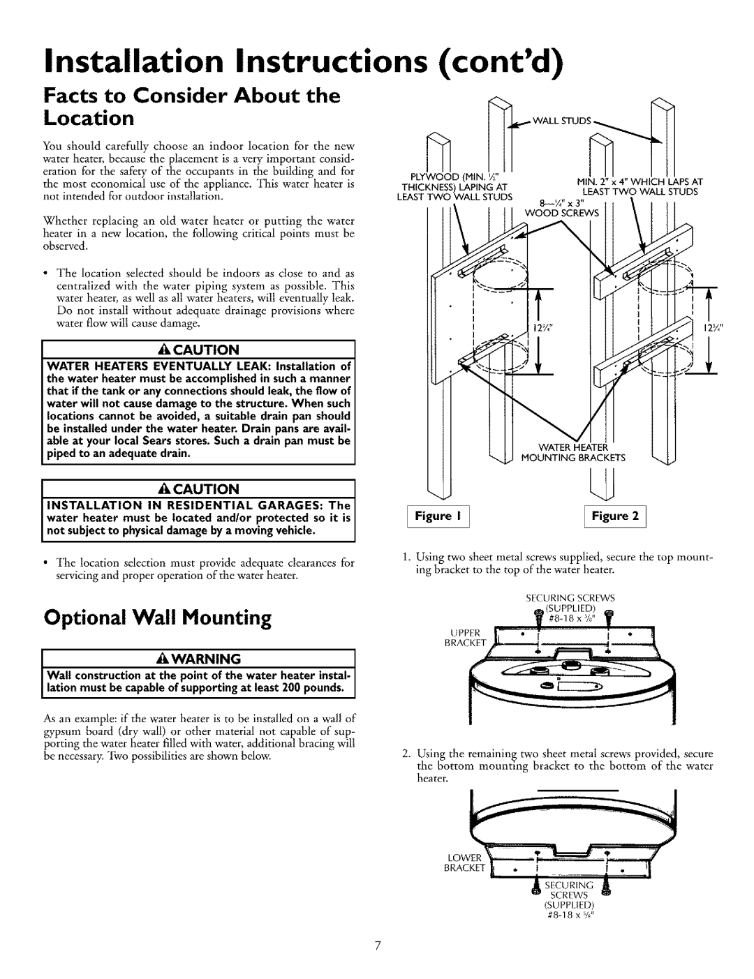 Kenmore 153.31702 Installation Instructions contd, Facts to Consider About the Location, Optional Wall Mounting 