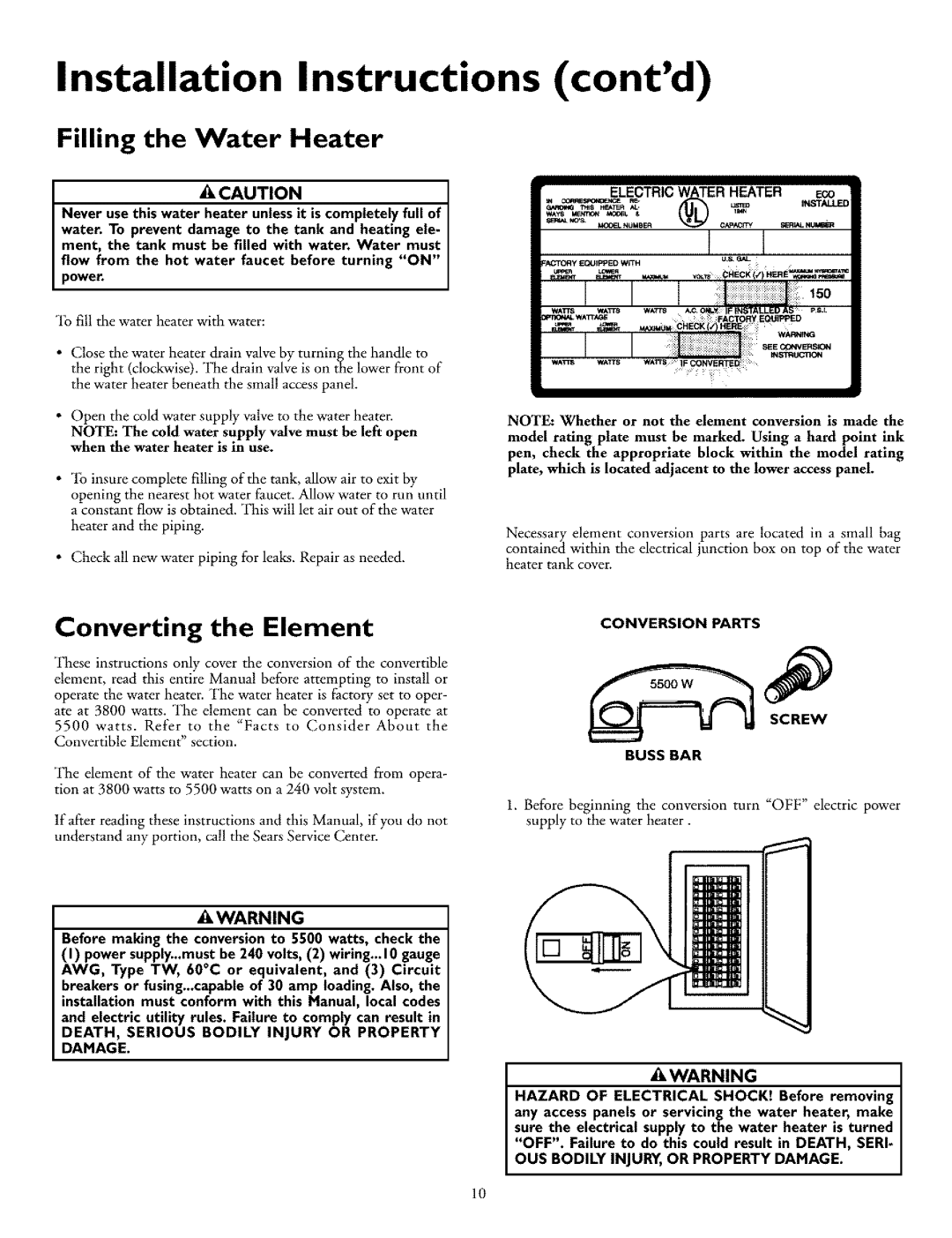 Kenmore 153.318131, 153.318031 Filling the Water Heater, Converting the Element, Conversion Parts Screw Buss BAR 