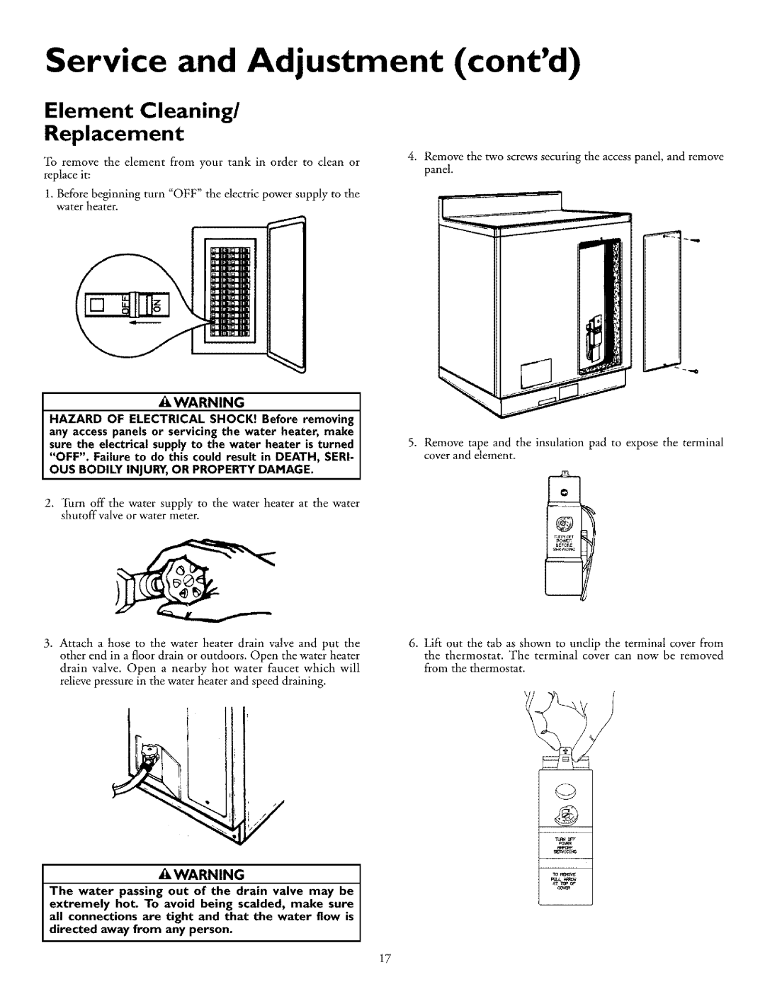 Kenmore 153.318031, 153.318131 owner manual Service and Adjustment contd, Element Cleaning Replacement 