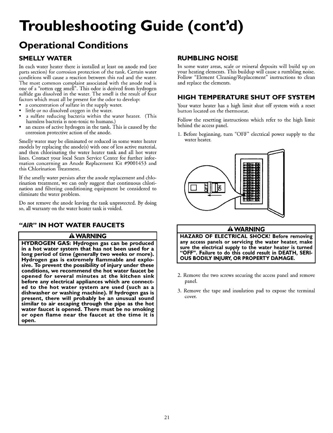 Kenmore 153.318031, 153.318131 Troubleshooting Guide contd, Smelly Water, AIR in HOT Water Faucets, Rumbling Noise 