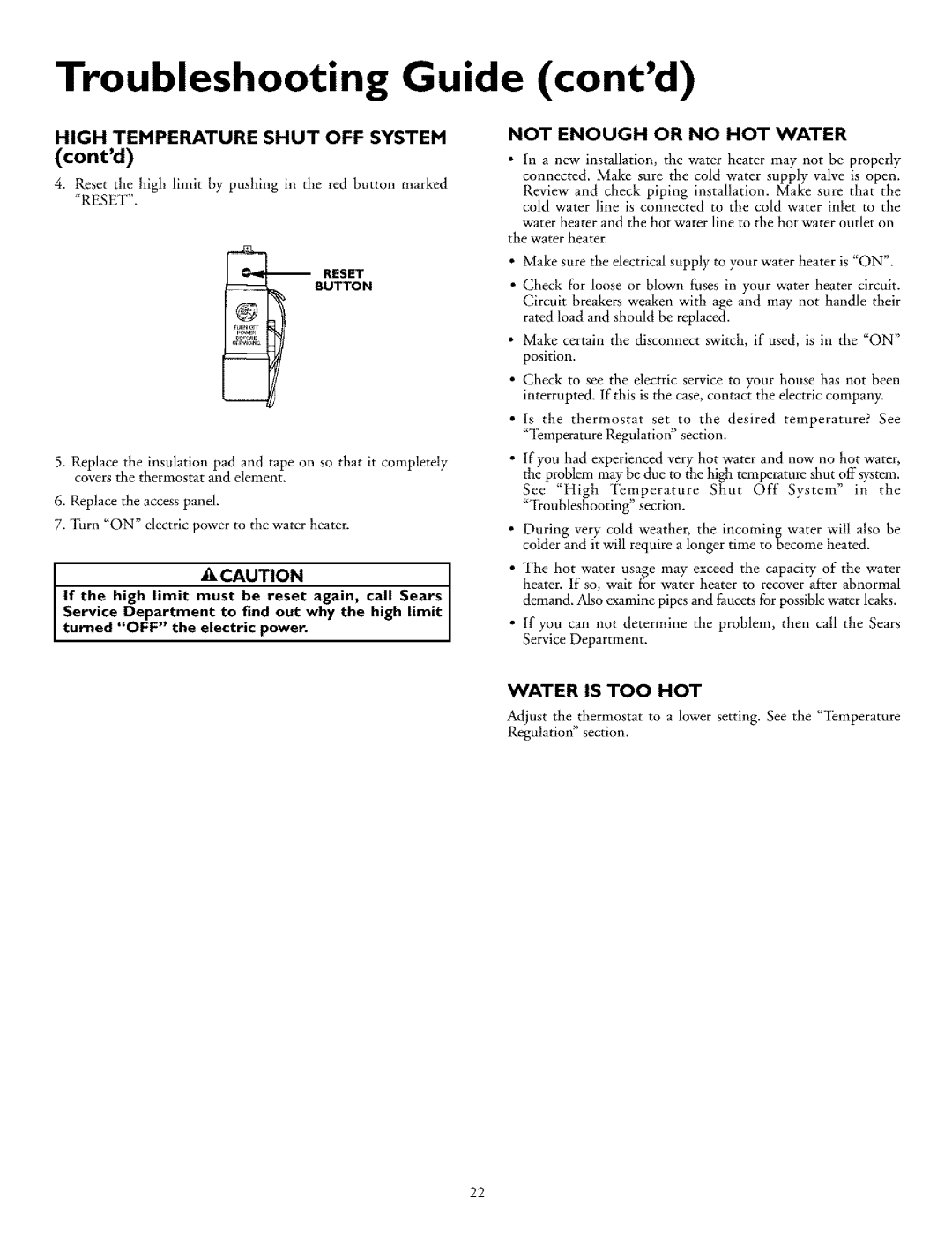 Kenmore 153.318131, 153.318031 owner manual Not Enough or no HOT Water, Water is TOO HOT 