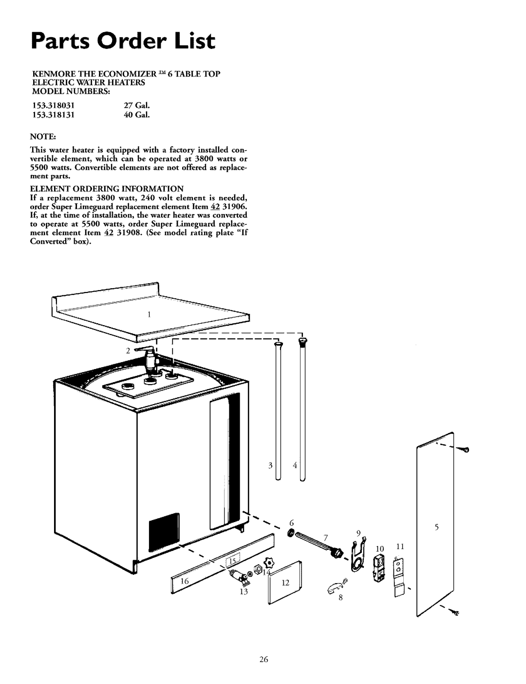 Kenmore 153.318131, 153.318031 owner manual Parts Order List, Kenmore the Economizer 6 Table TOP Electric Water Heaters 