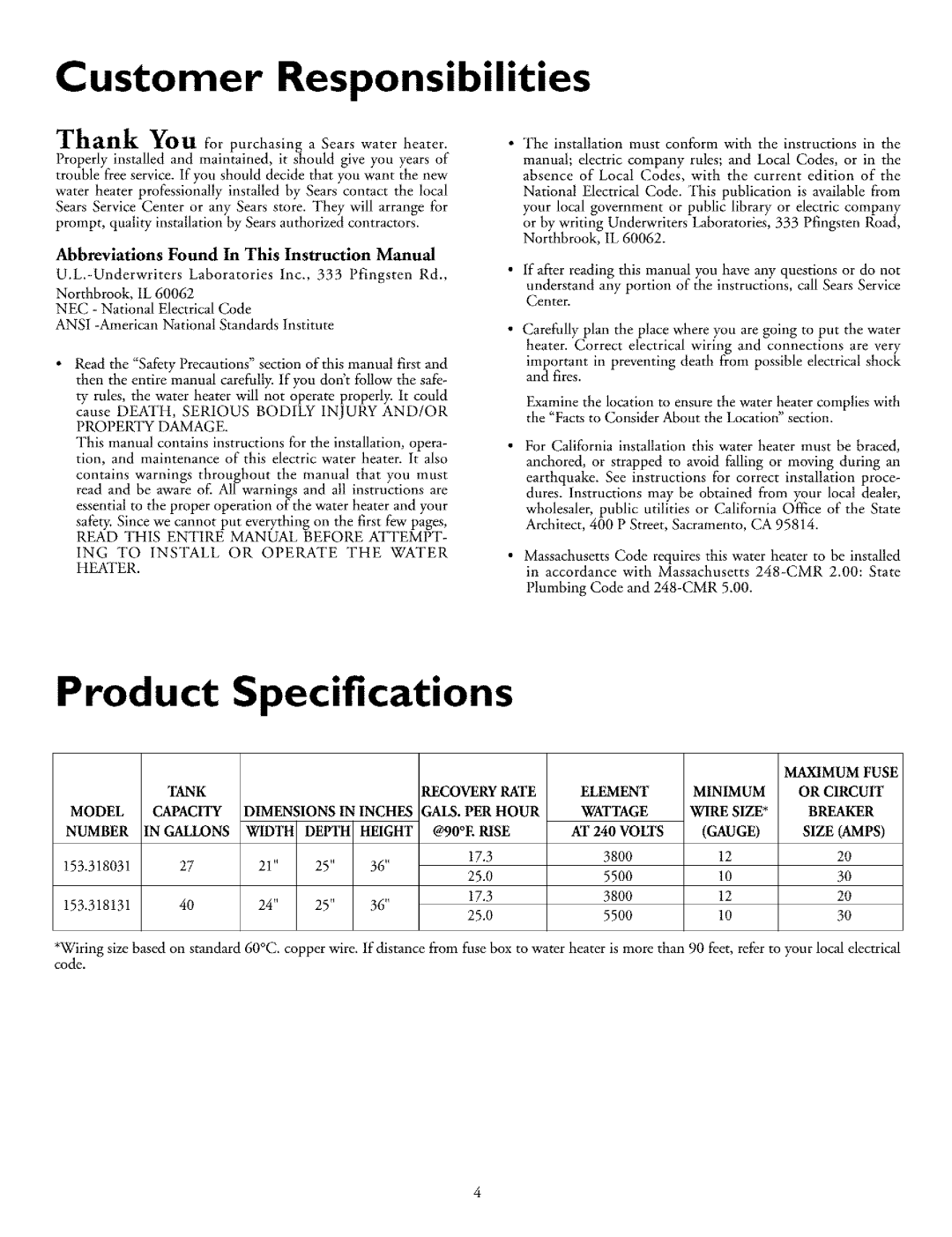 Kenmore 153.318131, 153.318031 owner manual Product Specifications, Customer Responsibilities 