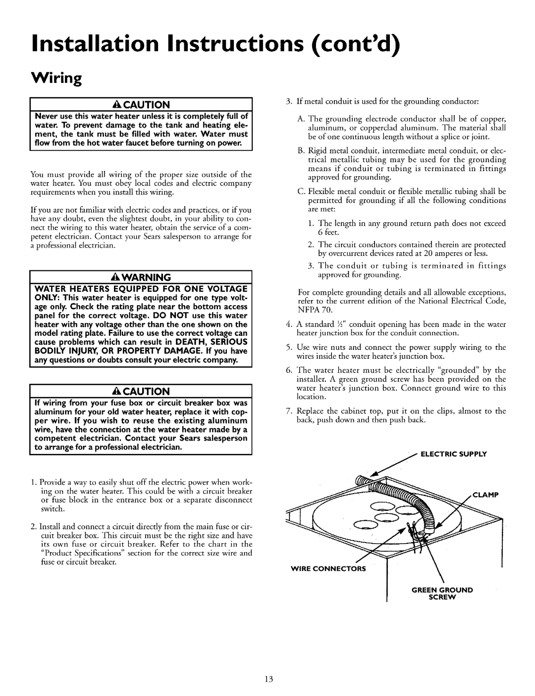 Kenmore 153.318031, 153.318131 owner manual Cautionj, t,CAUTION, Installation Instructions contd, Wiring 