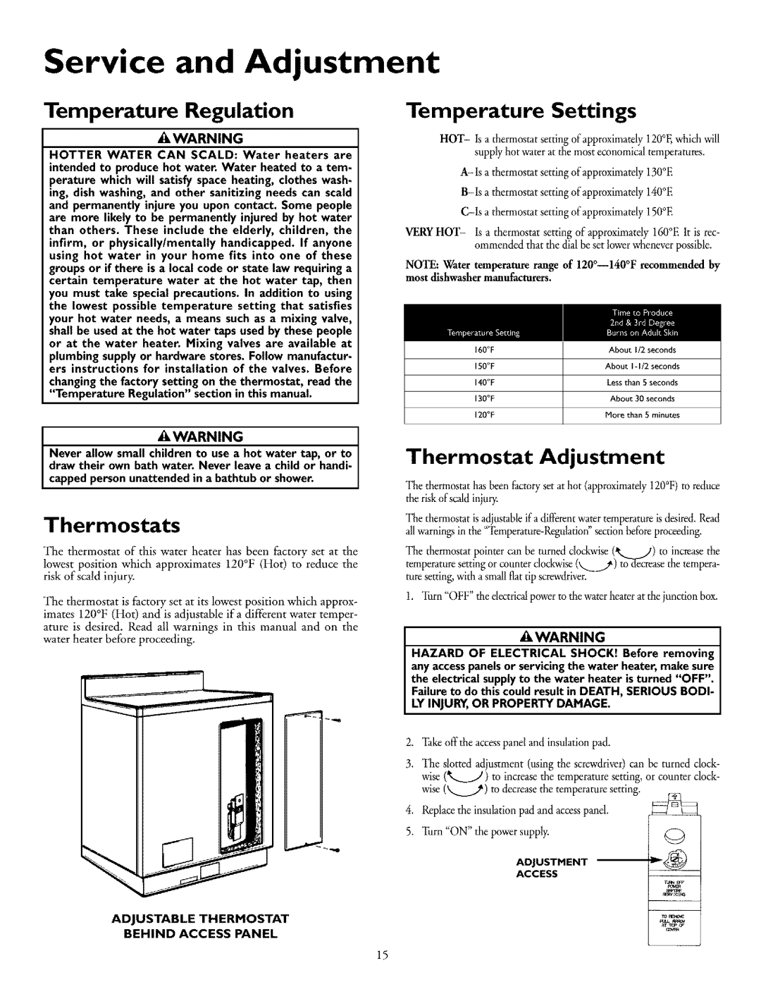 Kenmore 153.318031, 153.318131 Service and Adjustment, Temperature Regulation, Temperature Settings, Thermostats 