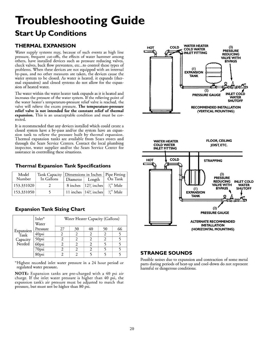 Kenmore 153.318131 Troubleshooting Guide, Start Up Conditions, Thermal Expansion Tank Specifications, Sizing Chart 