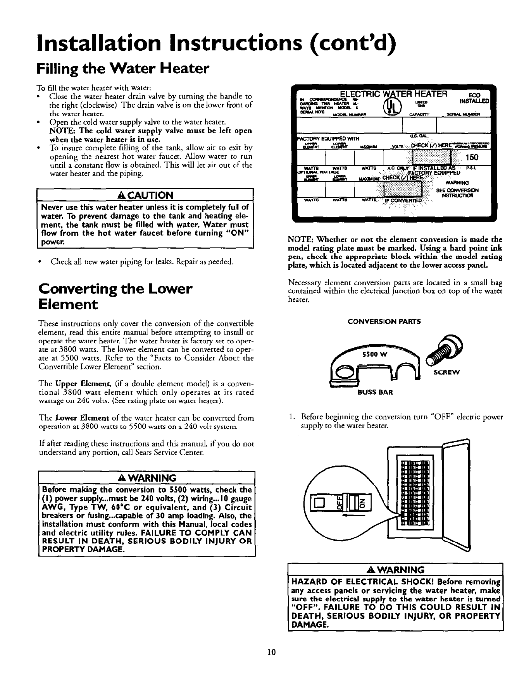 Kenmore 153.320492 HT, 153.320893 HT, 153.320892 HT Filling the Water Heater, Converting the Lower Element, Awarning 