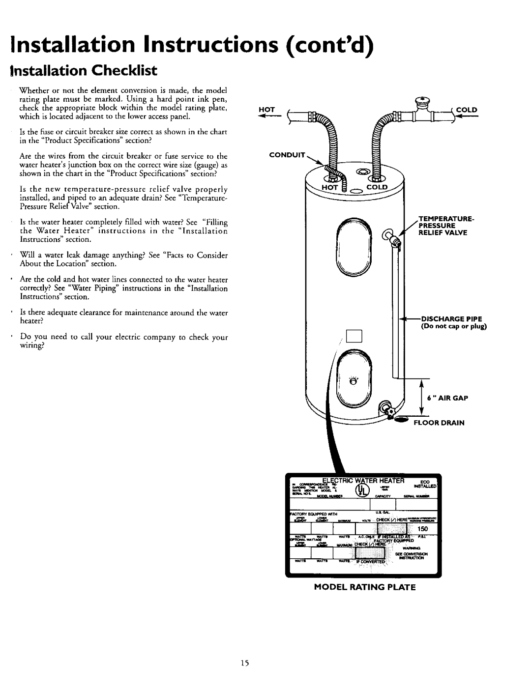 Kenmore 153.320593 HT, 153.320492 HT, 153.320893 HT Installation Checklist, Model Rating Plate, Relief Valve, I6 AIR GAP 