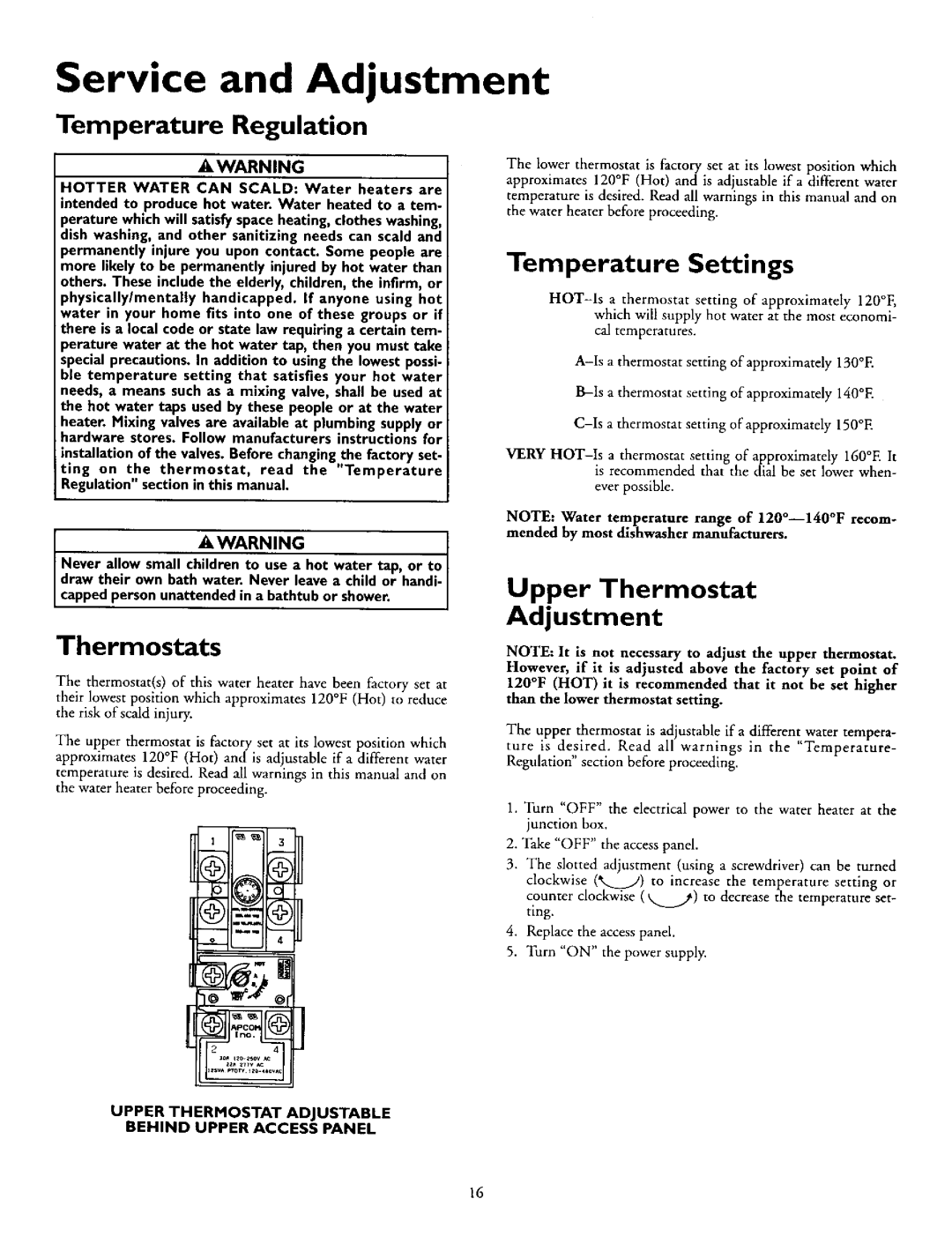 Kenmore 153.320693 HT, 153.320492 HT Service and Adjustment, Temperature Regulation, Thermostats, Temperature Settings 