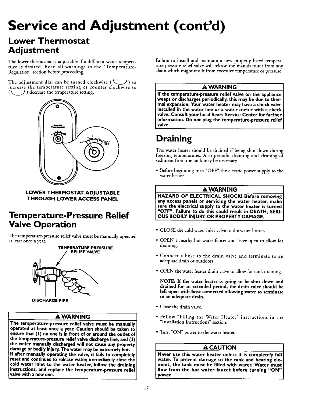 Kenmore 153.320392 HT Service and Adjustment contd, Temperature-Pressure Relief, TEMPERATURE-PRESSURE Relief Valve 