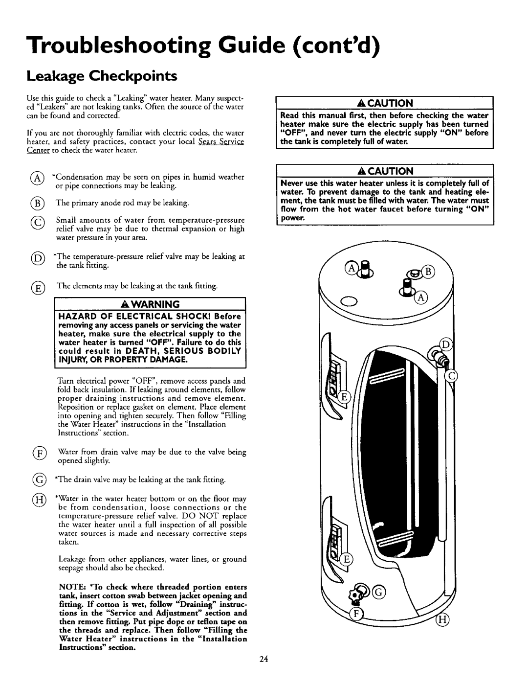 Kenmore 153.320393 HT, 153.320492 HT, 153.320893 HT, 153.320892 HT Troubleshooting Guide contd, Leakage Checkpoints 