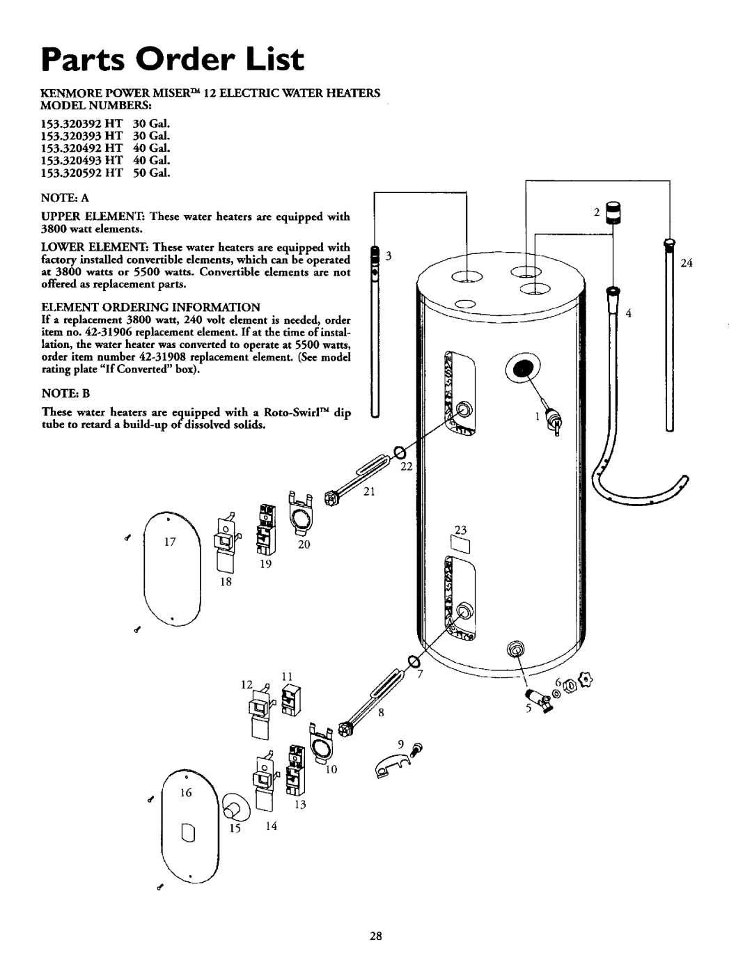 Kenmore 153.320692 HT, 153.320492 HT, 153.320893 HT, 153.320892 HT, 153.320592 HT, 153.320393 HT owner manual Parts Order List 