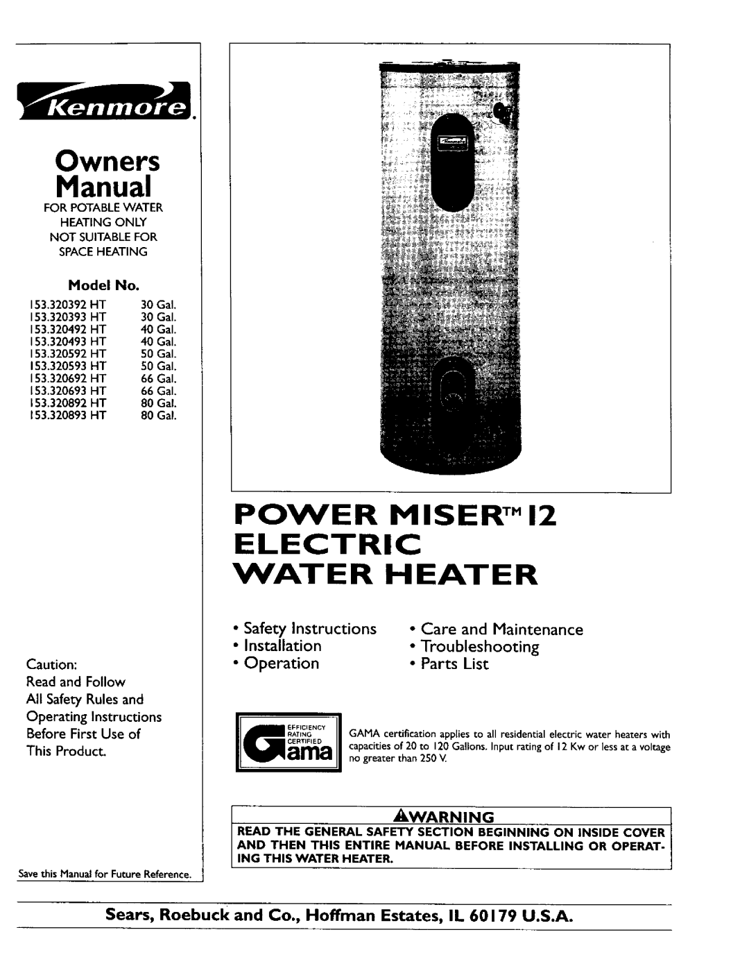 Kenmore 153.320893 HT owner manual Installation, Model, i, WARNING, Owners, Manual, Power Miser Tm Lectric Water Heater 