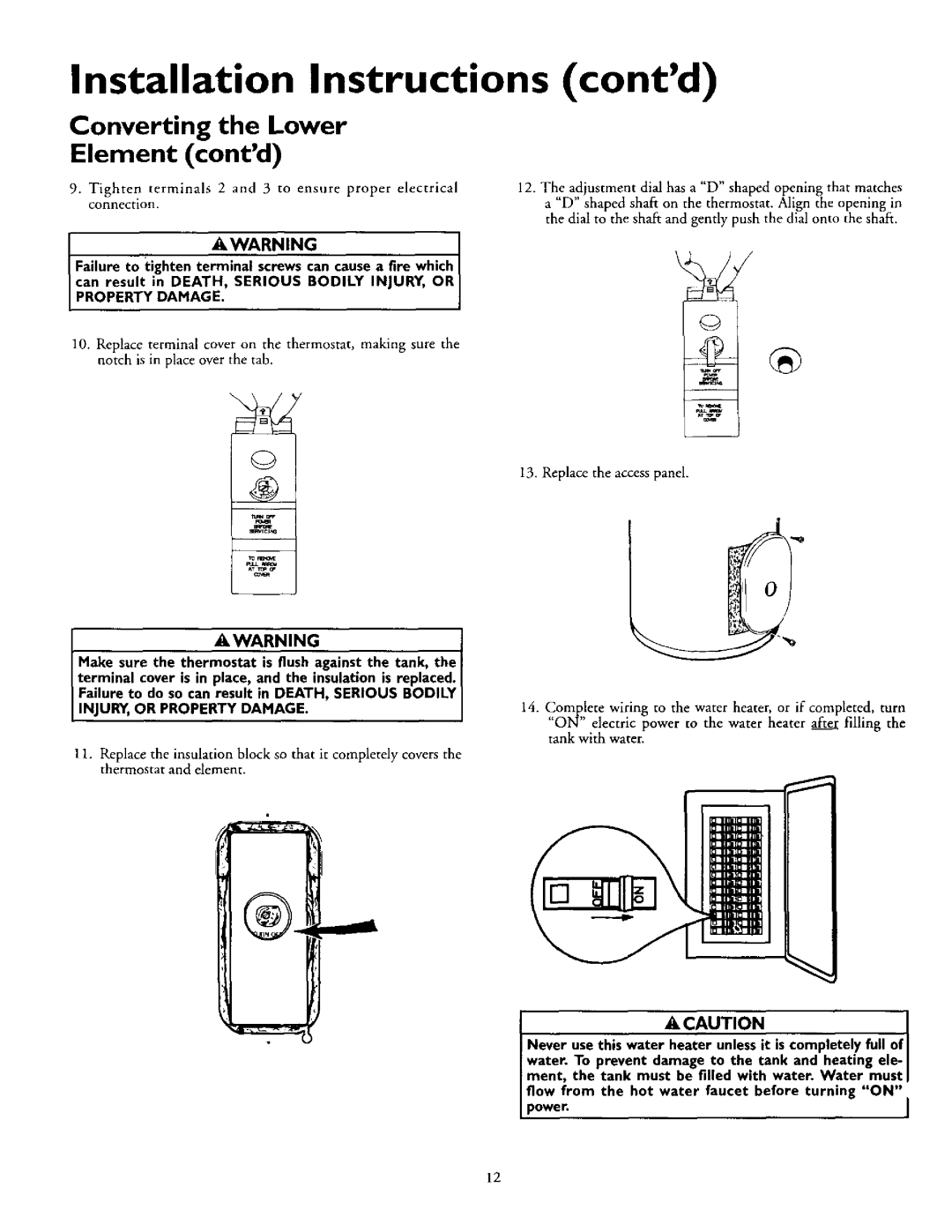 Kenmore 153.320892 HT, 153.320492 HT Converting, Lower, Element contd, Acaution, Awarning, Installation Instructions contd 