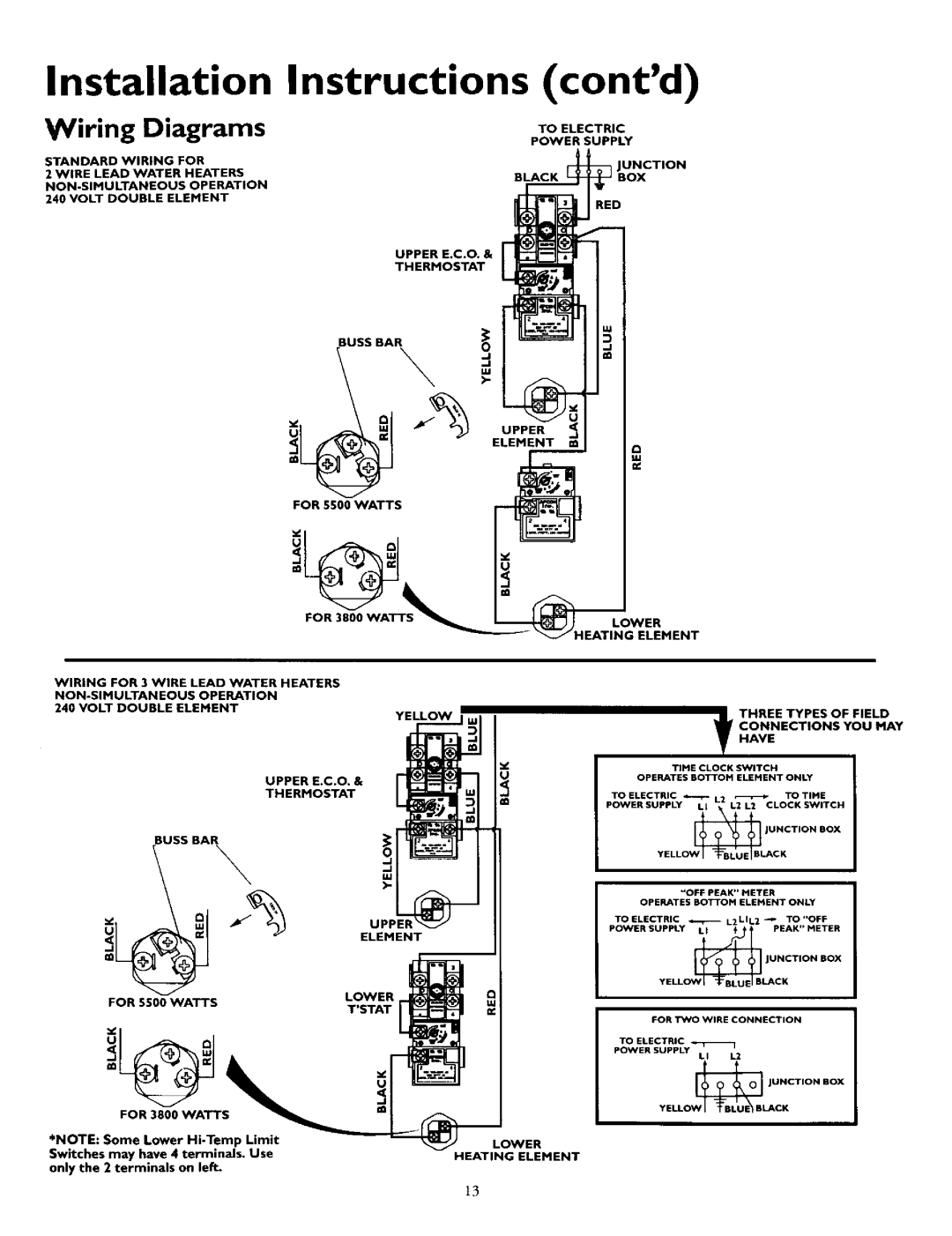 Kenmore 153.320592 HT, 153.320492 HT Wiring Diagrams, Installation Instructions contd, EOR3800W=ENT, FOR 5500 WATTS 