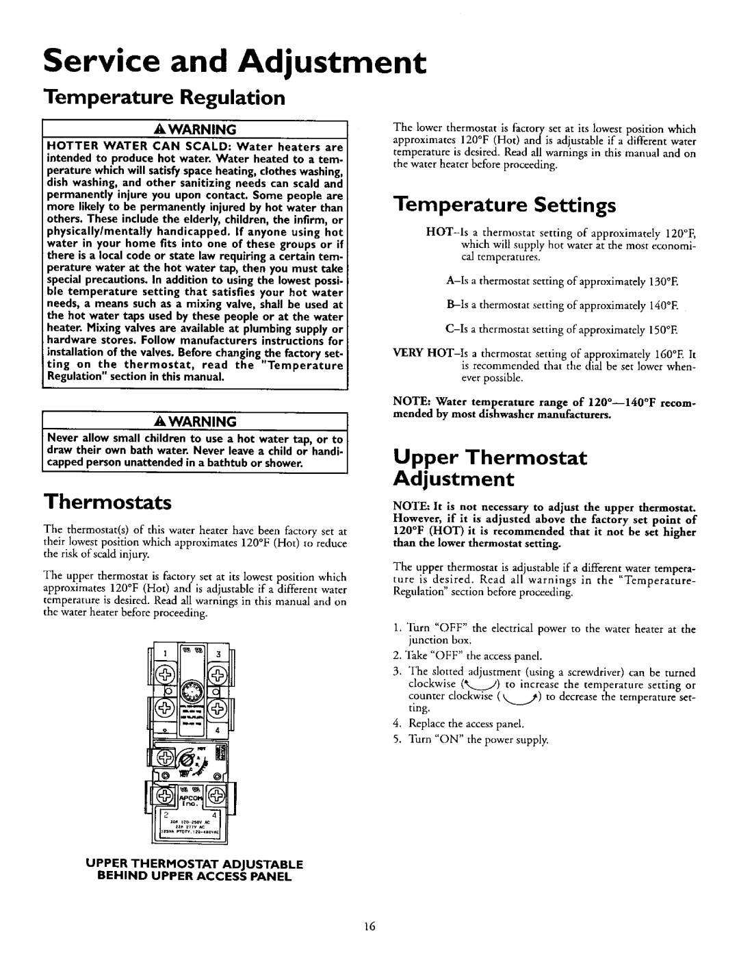 Kenmore 153.320693 HT Service and Adjustment, Upper Thermostat Adjustment, Temperature Regulation, Thermostats, Awarning 